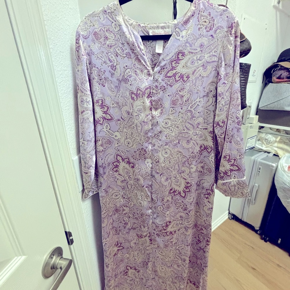 Oscar de la Renta Womens S Purple Paisley Satin Poly Chemise Long Sleepgown
